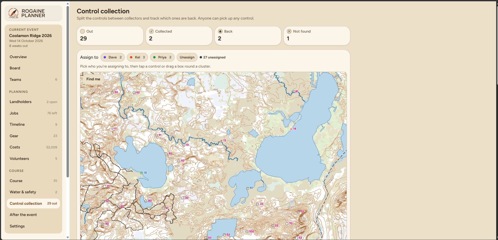 Control collection: the course map with every control split between collectors