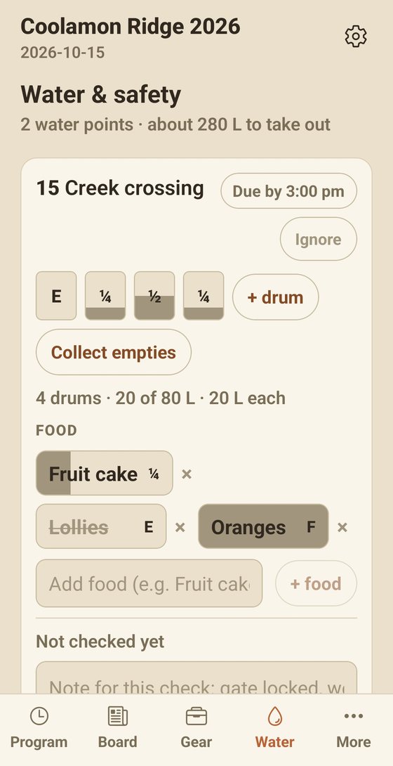The field app on a phone: the Water and safety screen showing water points, drums, food and checks